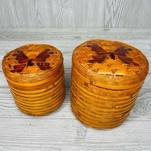 Vintage wicker woven butterfly nesting trinket baskets boho decoration set of 2
